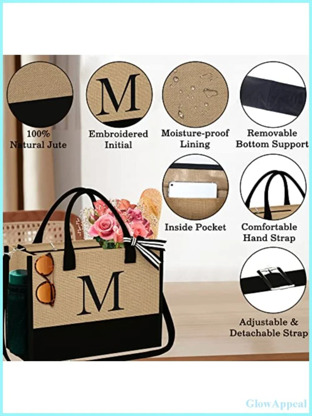 Personalized Initial Jute Tote Bag with Makeup Pouch, Monogram Gift for Women